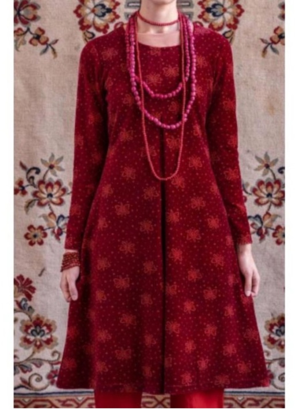 Gudrun Sjoden Velour Midi Dress Long Sleeve Front Pleat Butterflies Size XLarge